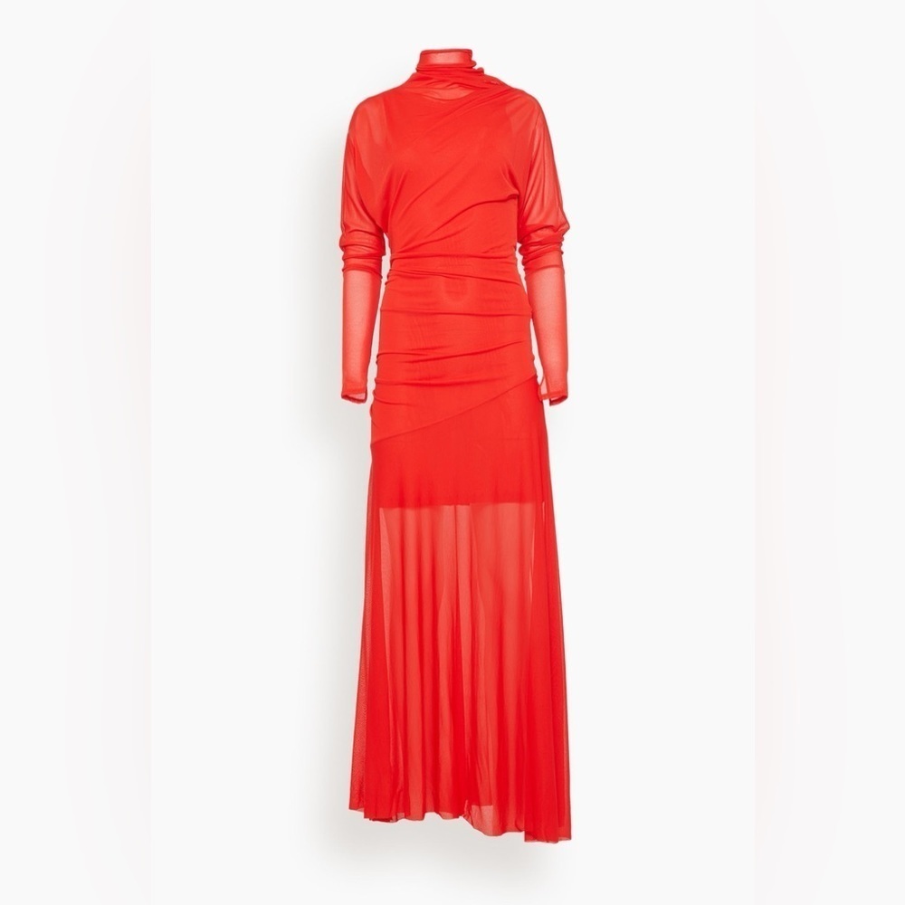 Proenza Schouler Paula Draped Jersey Turtleneck Maxi Dress Red Sheer Sz 12 - Picture 7 of 17